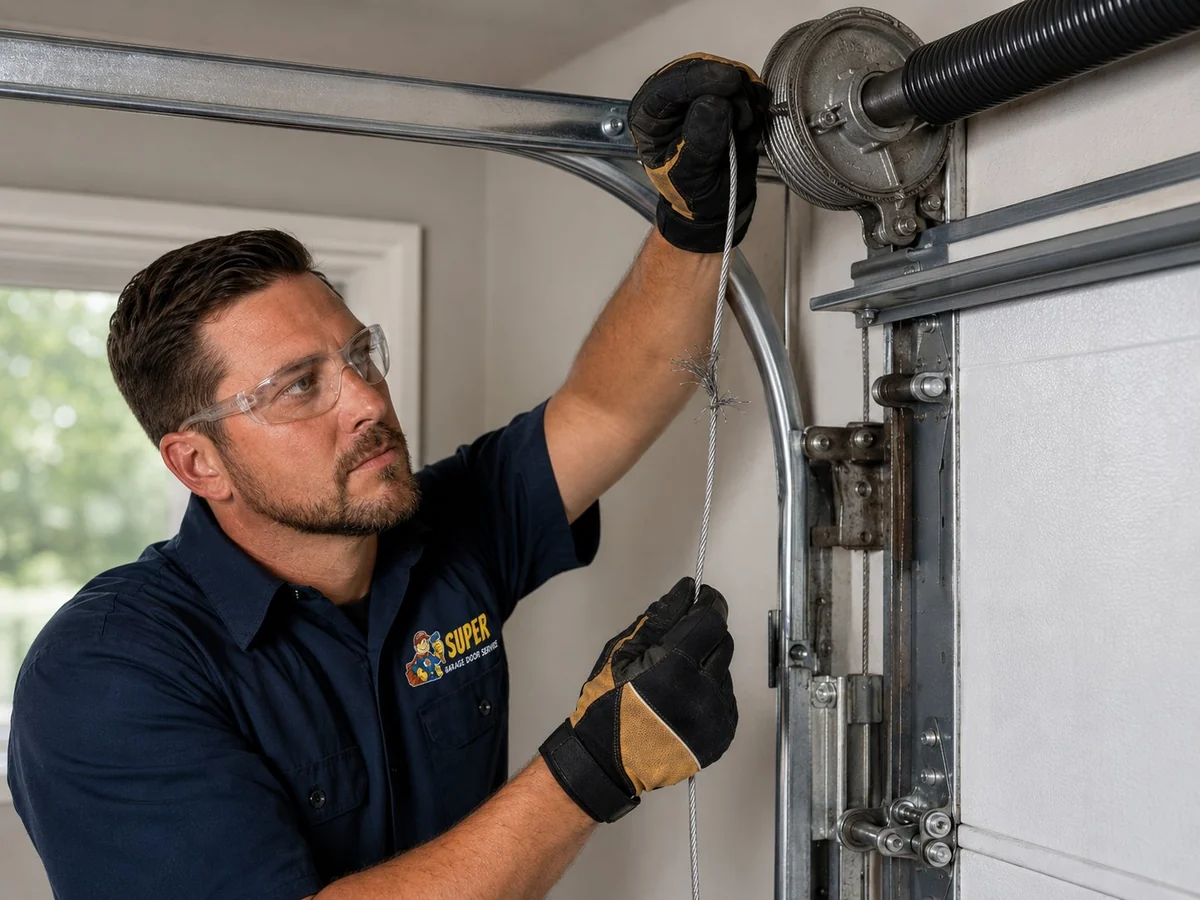 Super Garage Door Service technician inspecting a garage door lift cable in the Greater Toronto Area