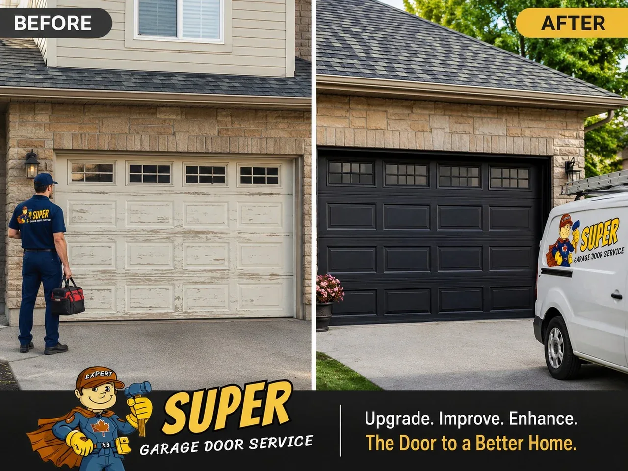 Before and after of a garage door replacement showing an old worn door and a new black insulated door