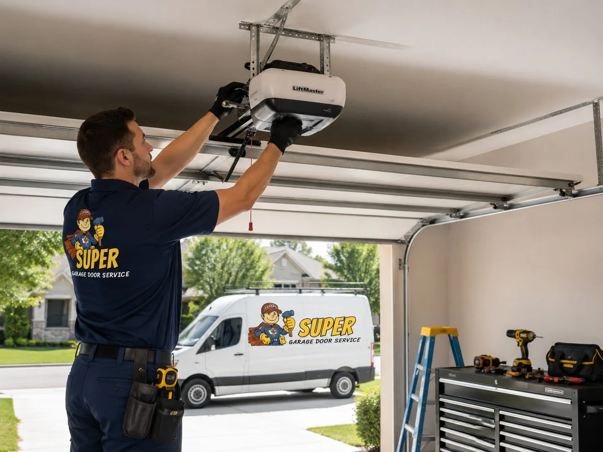 Super Garage Door Service technician adjusting a LiftMaster garage door opener