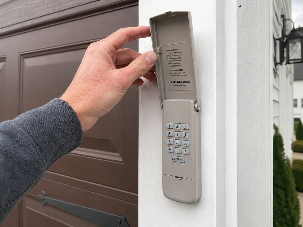 Wireless garage door keypad mounted on the door frame outside