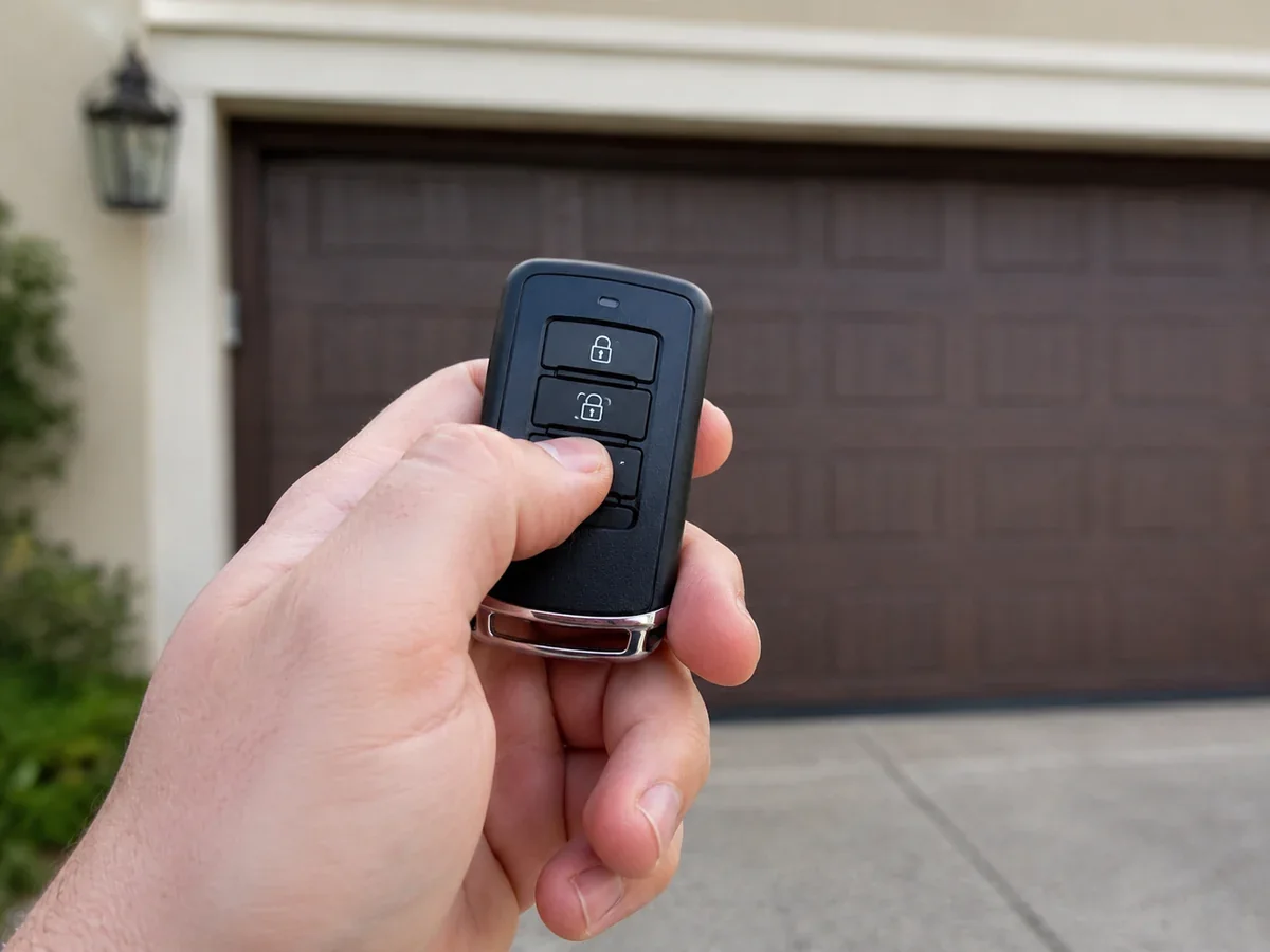 Hand holding a garage door opener remote control