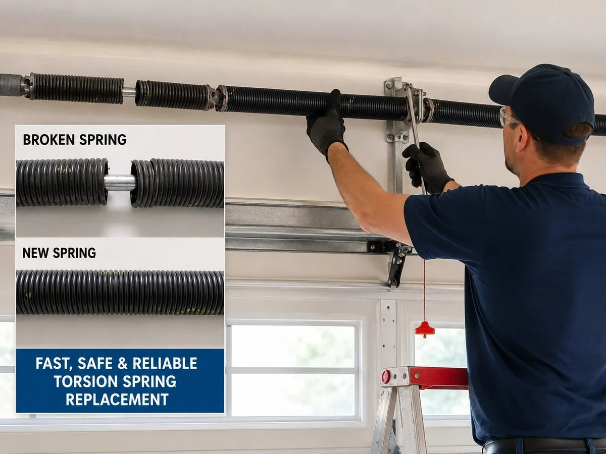 Comparison of a broken garage door torsion spring with a visible gap and a new replacement torsion spring