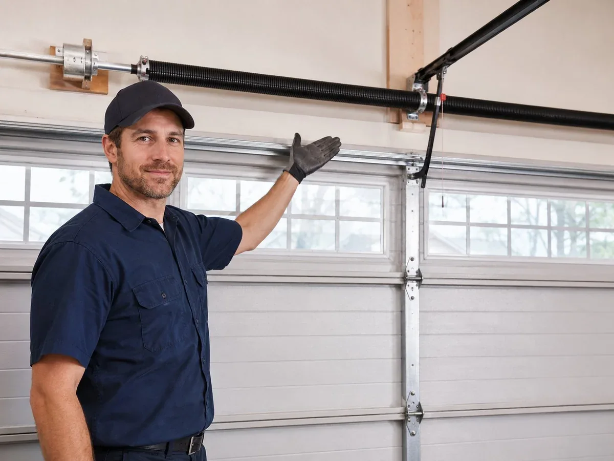 Super Garage Door Service technician inspecting a garage door torsion spring in the Greater Toronto Area